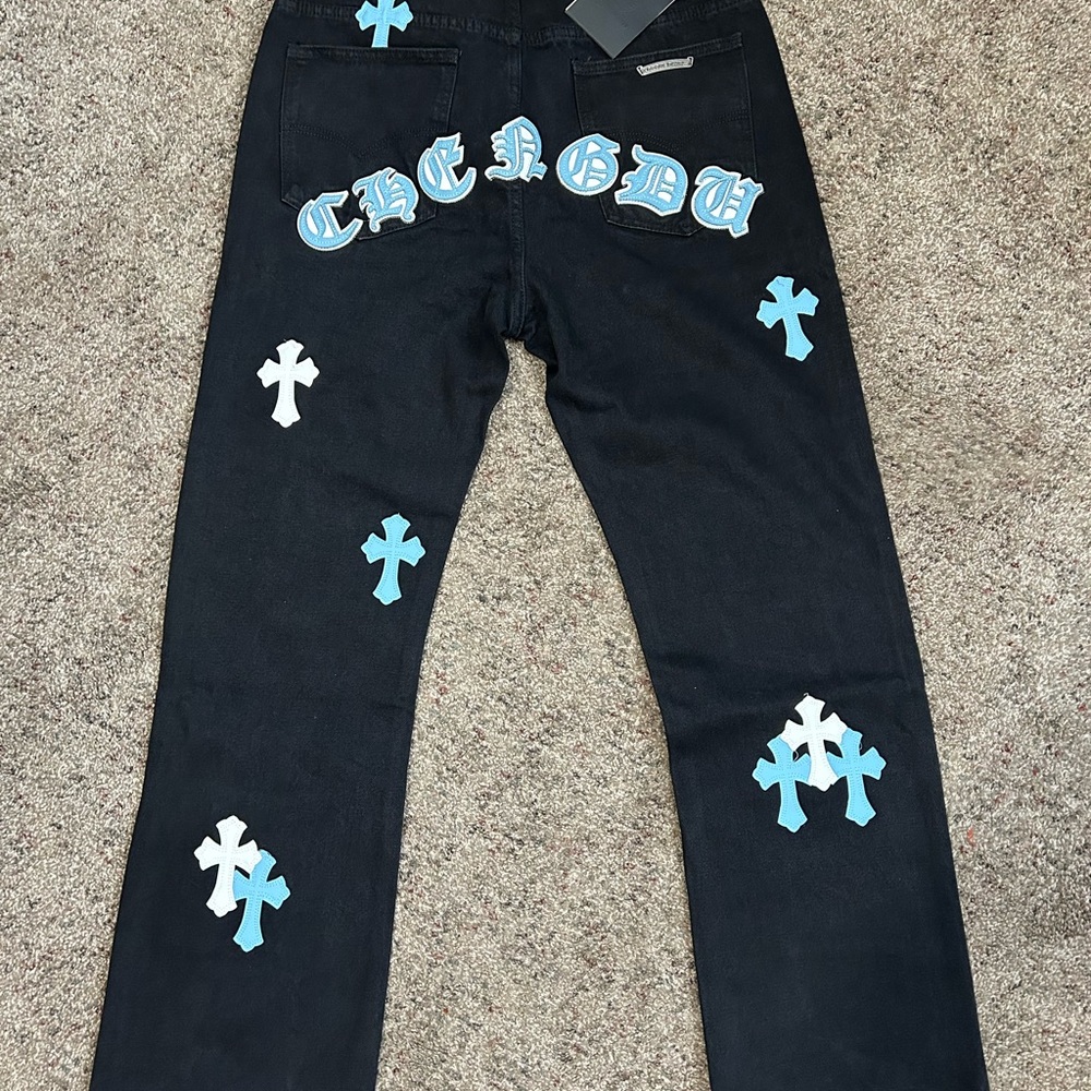Chrome Hearts Black Jeans with Blue and White Crosses